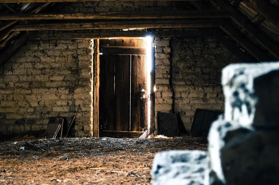Attic floor with shredded, soiled insulation and debris