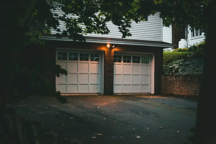 Residential garage doors at dusk