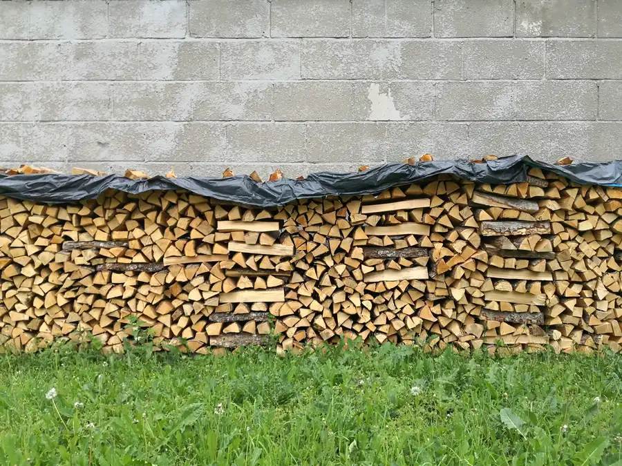 Firewood stacked against an exterior wall